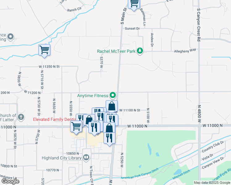 map of restaurants, bars, coffee shops, grocery stores, and more near 5277 West 11200 North in Highland