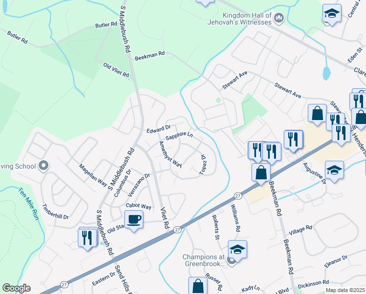 map of restaurants, bars, coffee shops, grocery stores, and more near 135 Topaz Drive in Franklin Township
