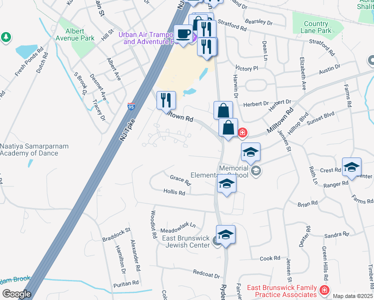 map of restaurants, bars, coffee shops, grocery stores, and more near 11 Firethorn Court in East Brunswick