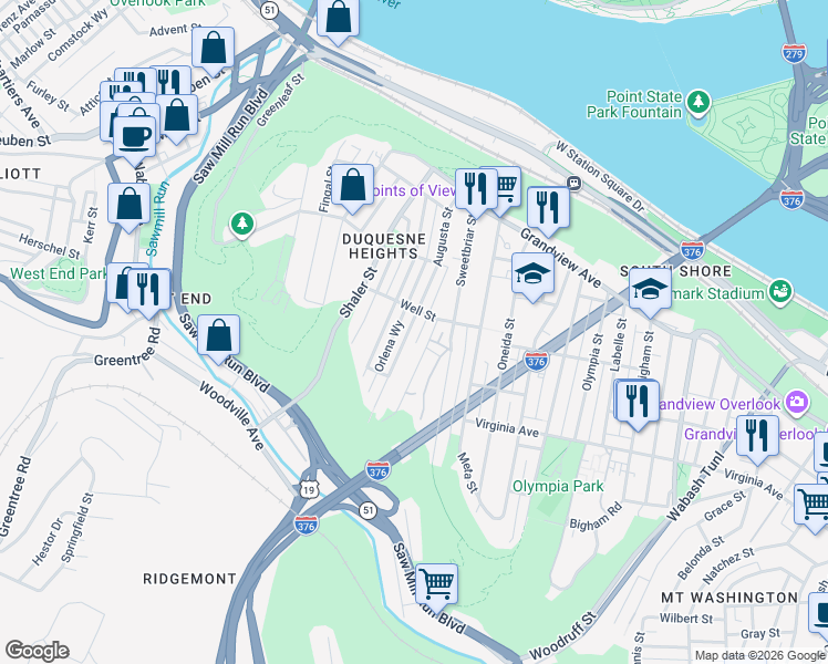 map of restaurants, bars, coffee shops, grocery stores, and more near 415 Augusta Street in Pittsburgh