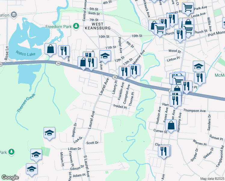 map of restaurants, bars, coffee shops, grocery stores, and more near 43 Liberty Place in Keansburg