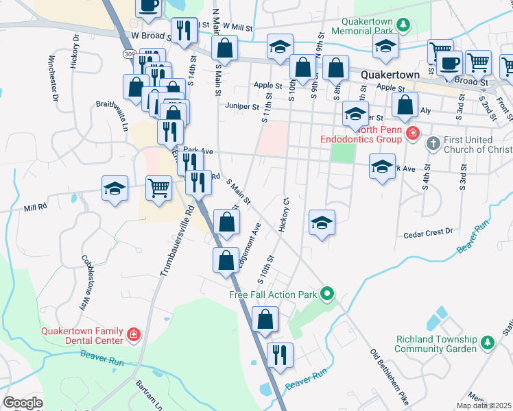 map of restaurants, bars, coffee shops, grocery stores, and more near 333 South Main Street in Quakertown