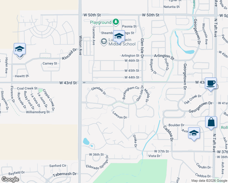 map of restaurants, bars, coffee shops, grocery stores, and more near 2448 Glendale Court in Loveland