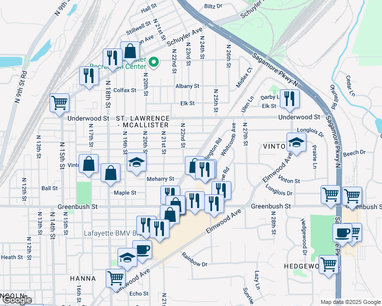 map of restaurants, bars, coffee shops, grocery stores, and more near 2203 Perrine Street in Lafayette