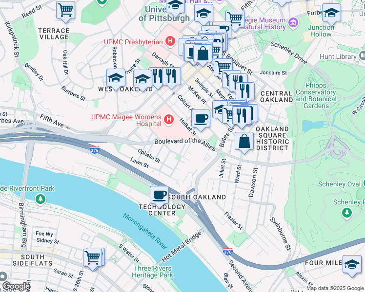 map of restaurants, bars, coffee shops, grocery stores, and more near 3323 Niagara Street in Pittsburgh