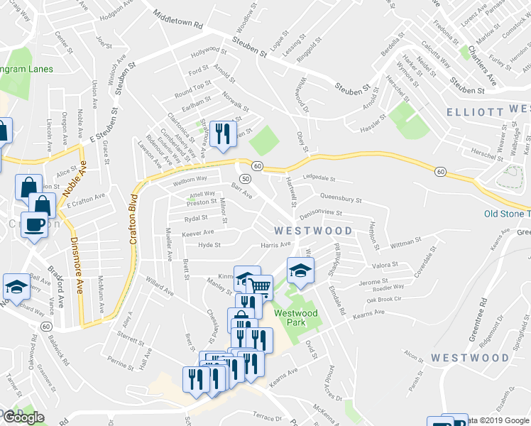 map of restaurants, bars, coffee shops, grocery stores, and more near 102 Dale Street in Pittsburgh
