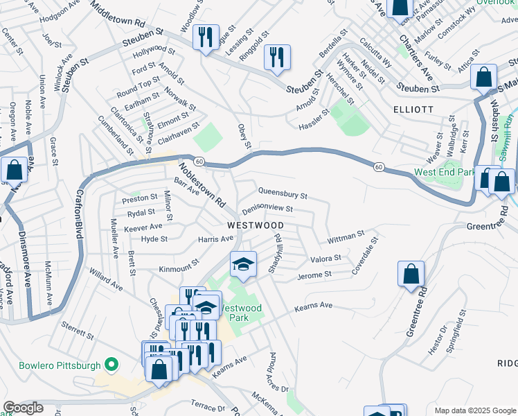 map of restaurants, bars, coffee shops, grocery stores, and more near 1303 Denisonview Street in Pittsburgh