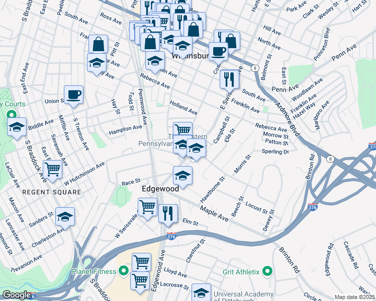 map of restaurants, bars, coffee shops, grocery stores, and more near 323 East Swissvale Avenue in Pittsburgh