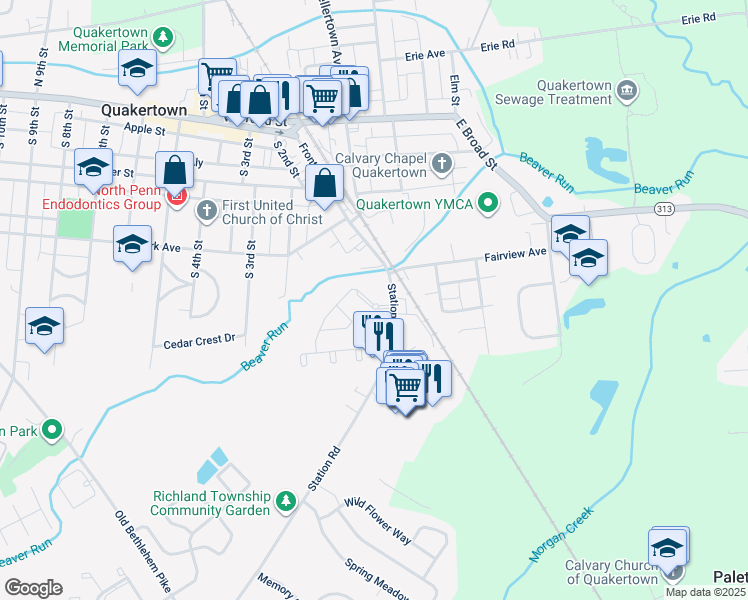 map of restaurants, bars, coffee shops, grocery stores, and more near 48 Beaver Run Drive in Quakertown