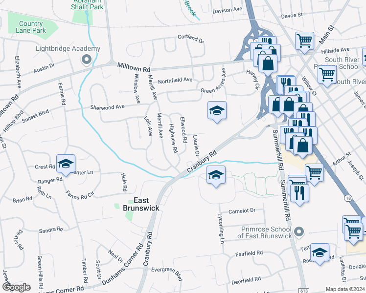 map of restaurants, bars, coffee shops, grocery stores, and more near 9 Ellwood Road in East Brunswick