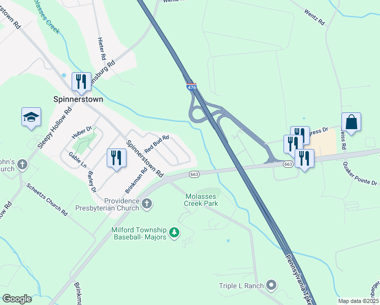 map of restaurants, bars, coffee shops, grocery stores, and more near 1770 Red Bud Road in Quakertown