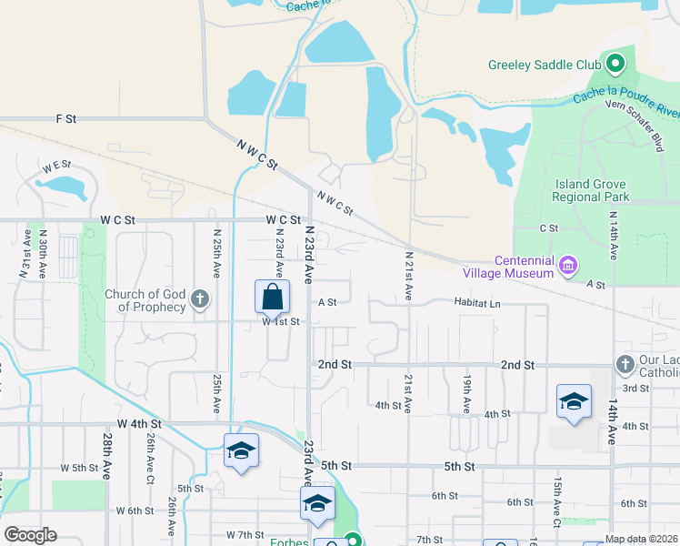 map of restaurants, bars, coffee shops, grocery stores, and more near 2213 A Street Road in Greeley
