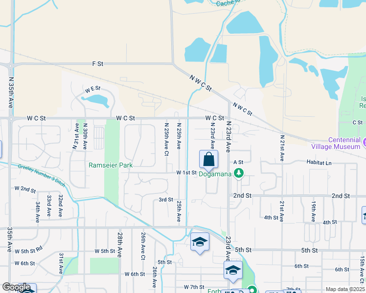 map of restaurants, bars, coffee shops, grocery stores, and more near 148 North 25th Avenue in Greeley