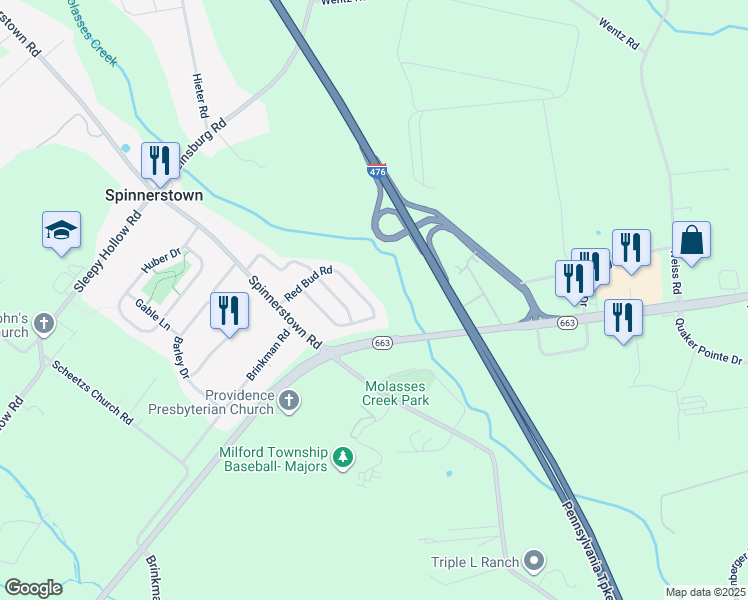 map of restaurants, bars, coffee shops, grocery stores, and more near 1770 Red Bud Road in Quakertown