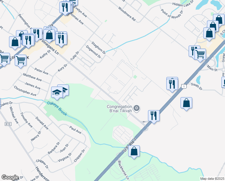 map of restaurants, bars, coffee shops, grocery stores, and more near 2 Petunia Drive in North Brunswick Township