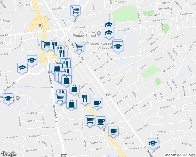 map of restaurants, bars, coffee shops, grocery stores, and more near 148 Old Bridge Turnpike in South River