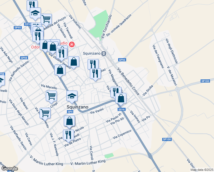 map of restaurants, bars, coffee shops, grocery stores, and more near 18 Via Roma in Squinzano