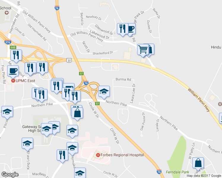 map of restaurants, bars, coffee shops, grocery stores, and more near 115 Penn View Dr in Monroeville