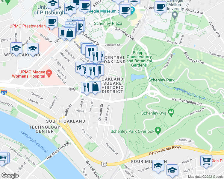 map of restaurants, bars, coffee shops, grocery stores, and more near 3440 Parkview Avenue in Pittsburgh