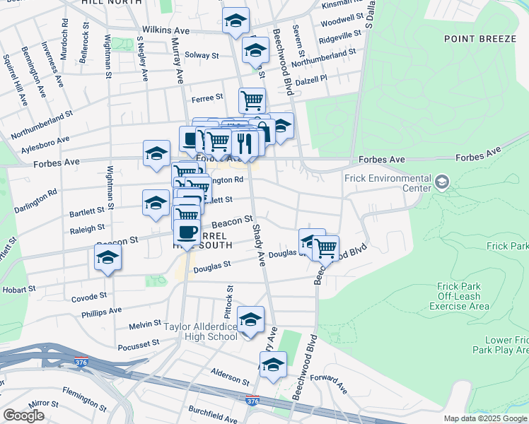 map of restaurants, bars, coffee shops, grocery stores, and more near 6315 Beacon Street in Pittsburgh