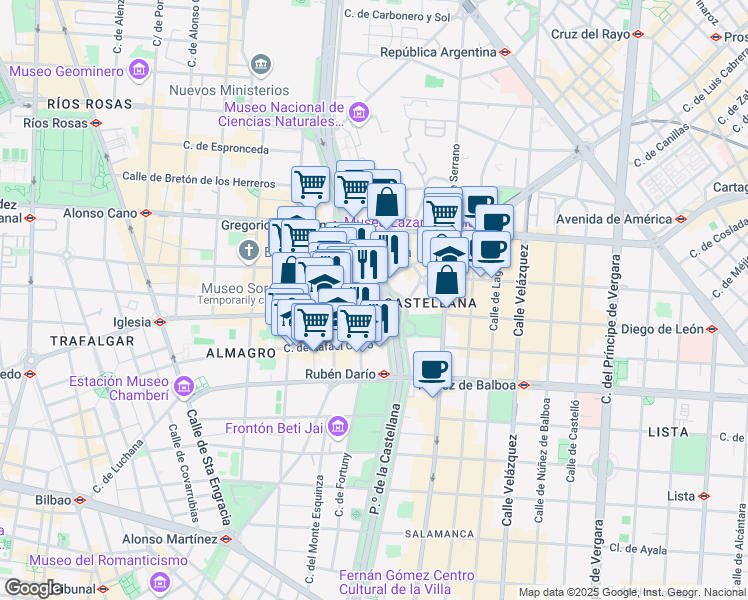 map of restaurants, bars, coffee shops, grocery stores, and more near 43 Paseo de la Castellana in Madrid