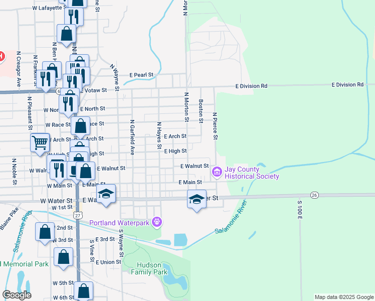 map of restaurants, bars, coffee shops, grocery stores, and more near 899 E High St in Portland