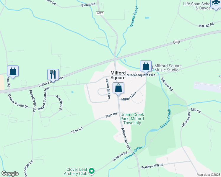 map of restaurants, bars, coffee shops, grocery stores, and more near 2099 Clover Mill Road in Quakertown