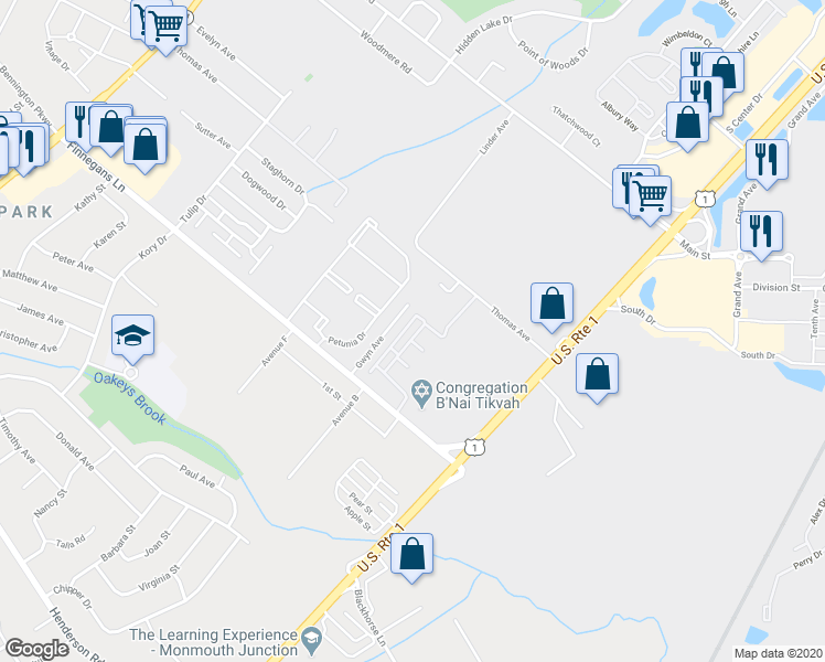 map of restaurants, bars, coffee shops, grocery stores, and more near 43 Sassafras Court in North Brunswick