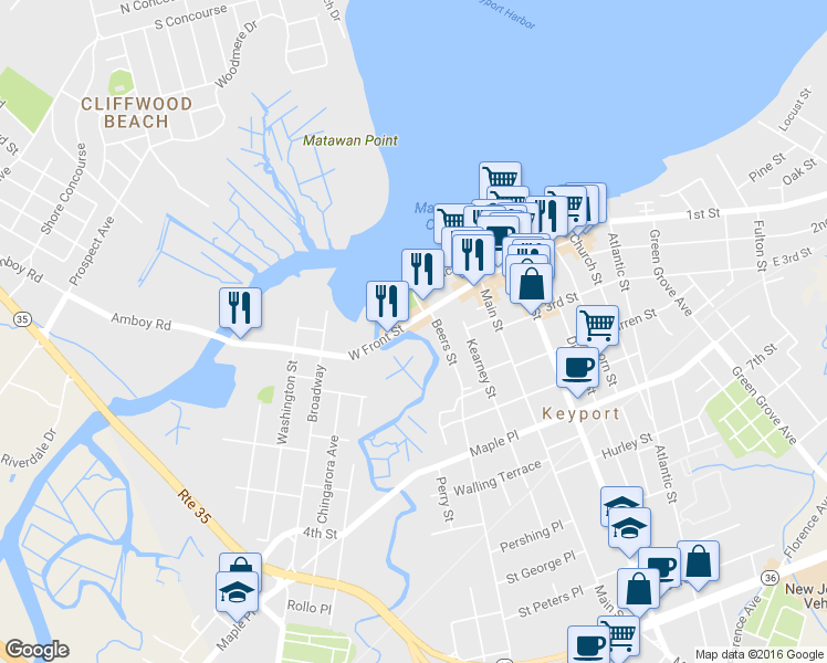 map of restaurants, bars, coffee shops, grocery stores, and more near 124 W Front St in Keyport