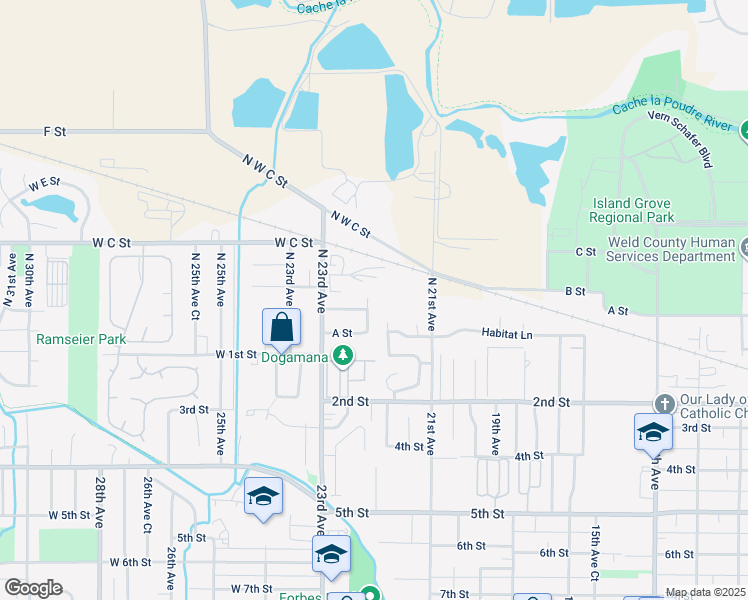 map of restaurants, bars, coffee shops, grocery stores, and more near 226 North 22nd Avenue in Greeley