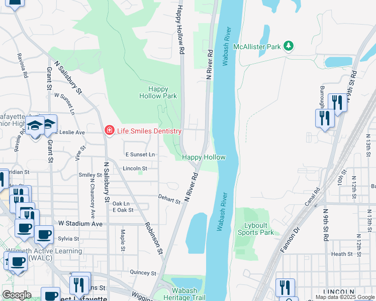 map of restaurants, bars, coffee shops, grocery stores, and more near 1026 Happy Hollow Road in West Lafayette