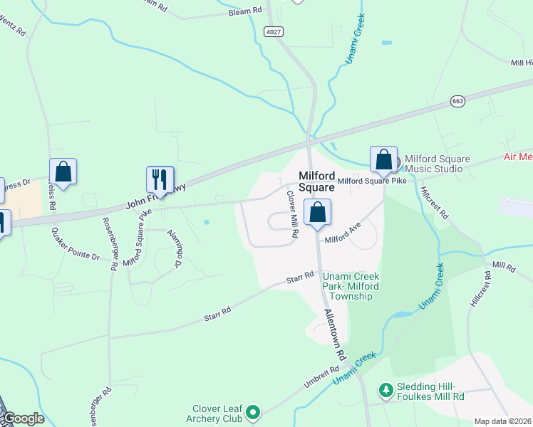 map of restaurants, bars, coffee shops, grocery stores, and more near 2124 Mill Valley Lane in Quakertown