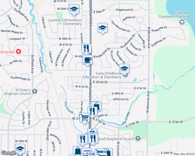 map of restaurants, bars, coffee shops, grocery stores, and more near 4233 Pin Oak Drive in Loveland