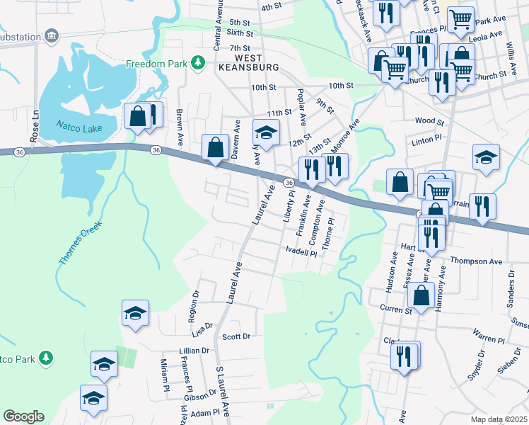 map of restaurants, bars, coffee shops, grocery stores, and more near 450 South Laurel Avenue in Keansburg