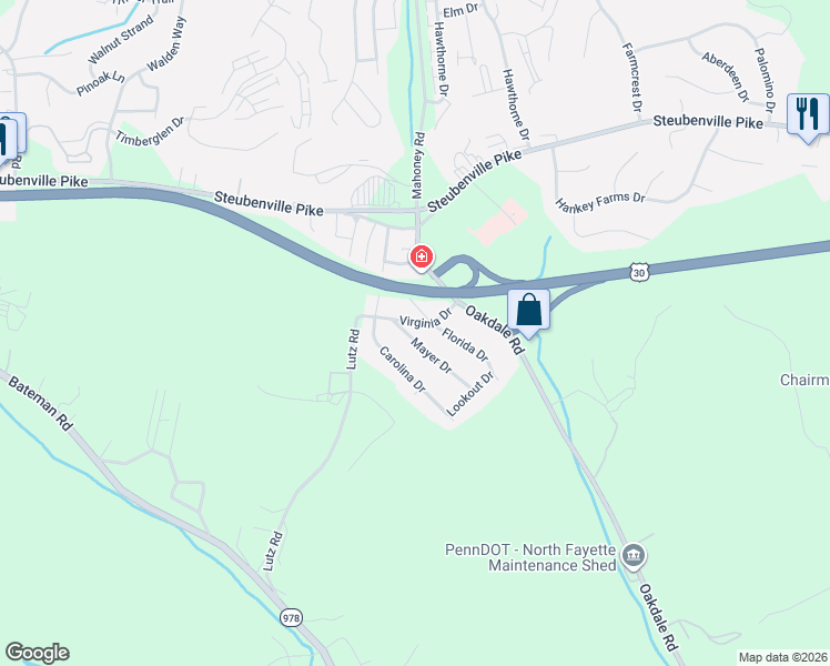map of restaurants, bars, coffee shops, grocery stores, and more near 105 Mayer Drive in Oakdale