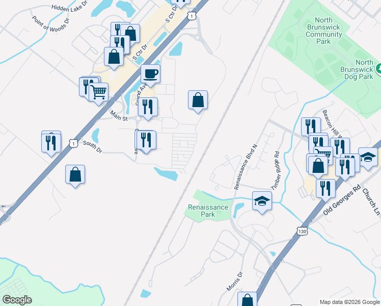 map of restaurants, bars, coffee shops, grocery stores, and more near 66 Bond Street in North Brunswick Township