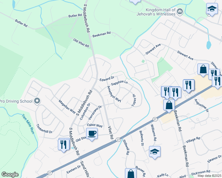 map of restaurants, bars, coffee shops, grocery stores, and more near 3 Jade Court in Franklin Township