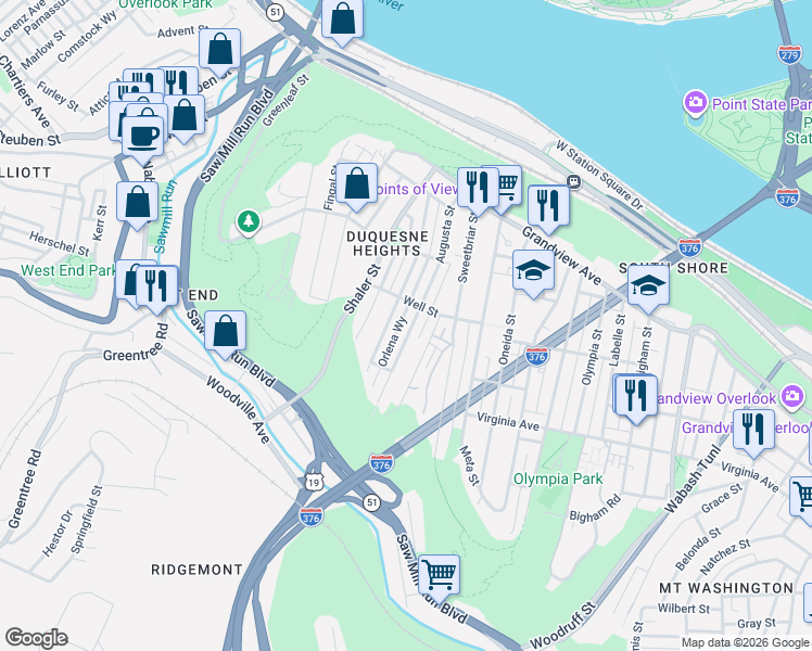 map of restaurants, bars, coffee shops, grocery stores, and more near 415 Augusta Street in Pittsburgh
