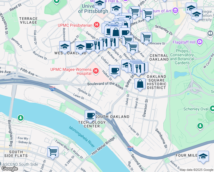 map of restaurants, bars, coffee shops, grocery stores, and more near 3330 Niagara Street in Pittsburgh