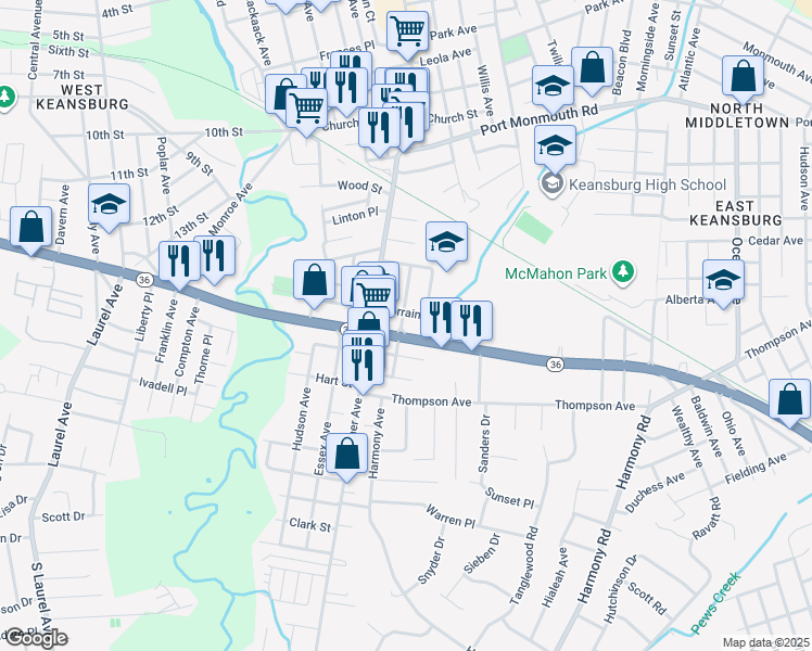 map of restaurants, bars, coffee shops, grocery stores, and more near 11 New Jersey 36 in Middletown Township