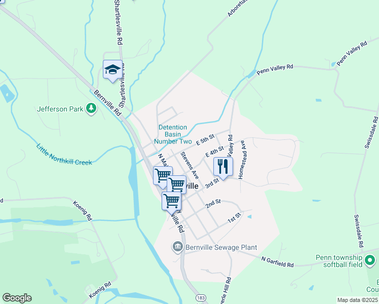 map of restaurants, bars, coffee shops, grocery stores, and more near 213 East 5th Street in Bernville
