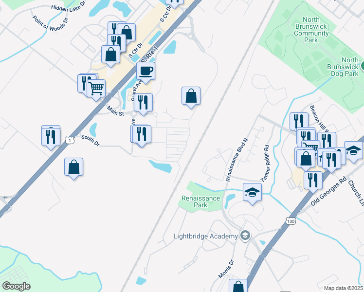 map of restaurants, bars, coffee shops, grocery stores, and more near 66 Bond Street in North Brunswick Township