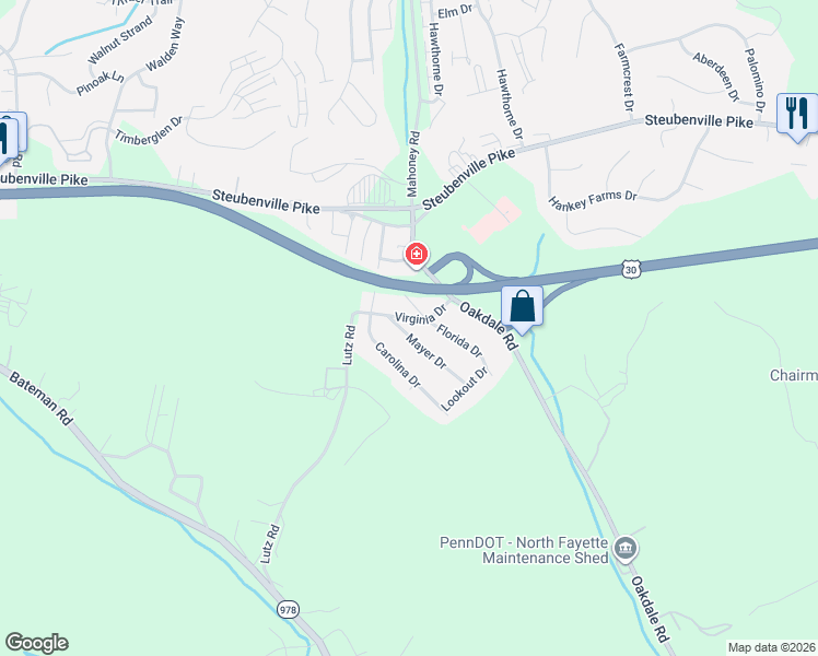 map of restaurants, bars, coffee shops, grocery stores, and more near 105 Mayer Drive in Oakdale