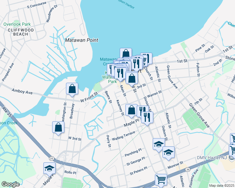map of restaurants, bars, coffee shops, grocery stores, and more near 11 Kearney Street in Keyport