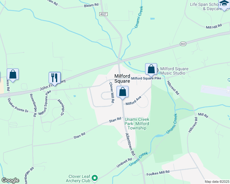 map of restaurants, bars, coffee shops, grocery stores, and more near 2099 Clover Mill Road in Quakertown