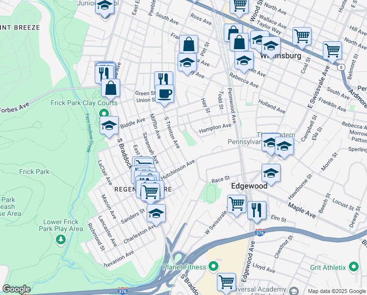 map of restaurants, bars, coffee shops, grocery stores, and more near 1021 South Trenton Avenue in Pittsburgh