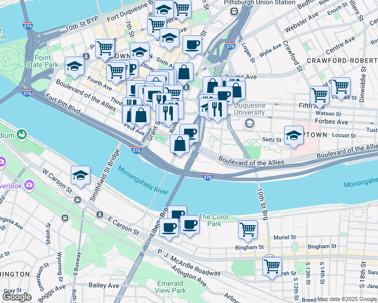 map of restaurants, bars, coffee shops, grocery stores, and more near 626 Second Avenue in Pittsburgh