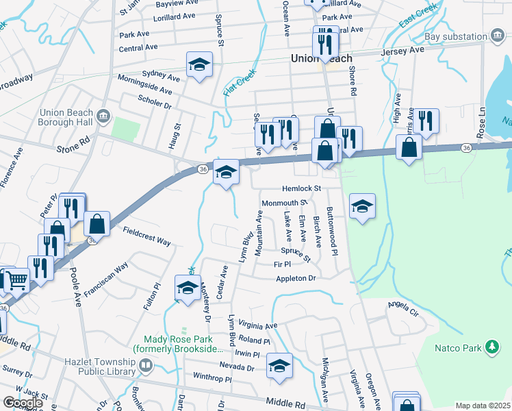 map of restaurants, bars, coffee shops, grocery stores, and more near 8 Mountain Avenue in Hazlet
