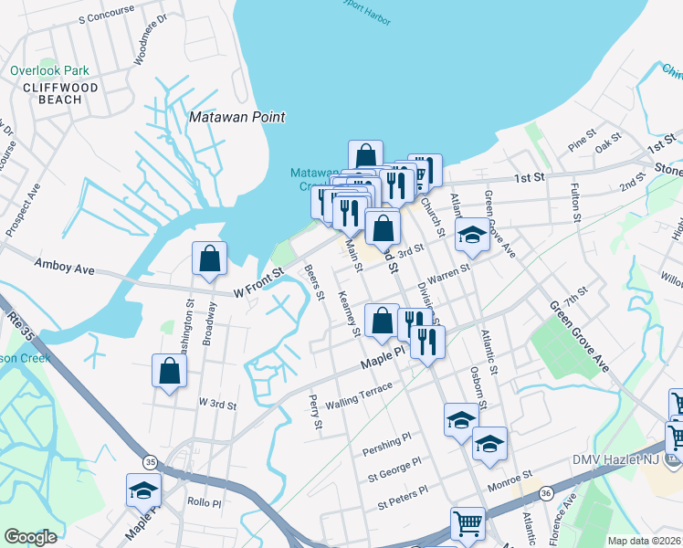 map of restaurants, bars, coffee shops, grocery stores, and more near 11 Kearney Street in Keyport