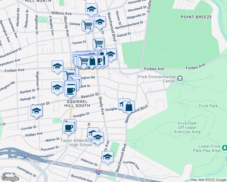 map of restaurants, bars, coffee shops, grocery stores, and more near 6420 Bartlett Street in Pittsburgh